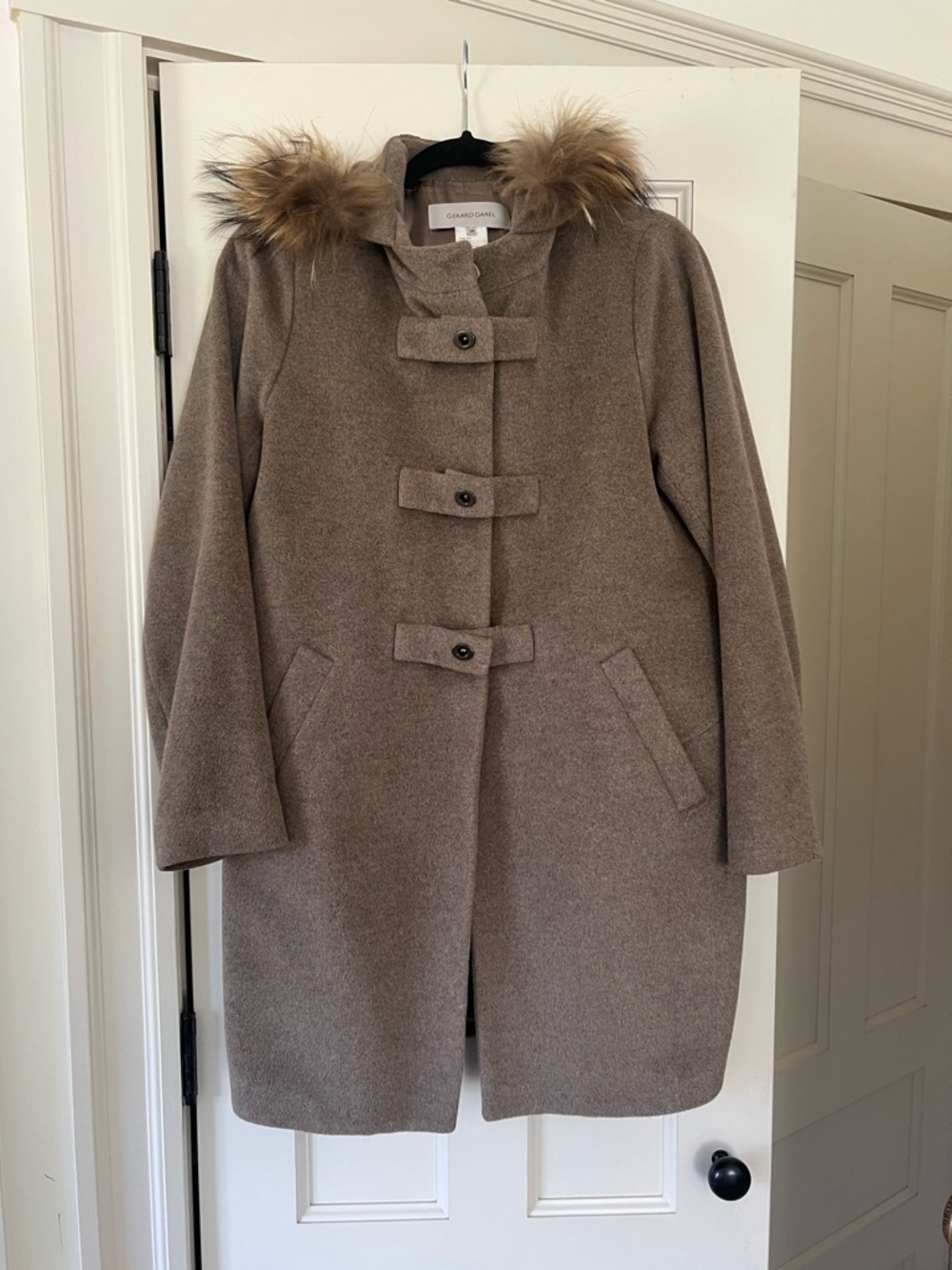 Gerald Darel Taupe Cashmere Blend Hooded Coat with Fur Trim